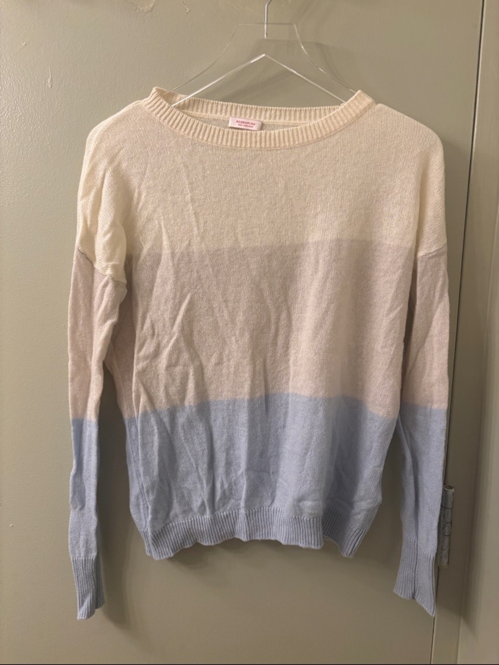 Women's Colorblock Crewneck Lightweight Cashmere Sweater - Cream & Light Blue